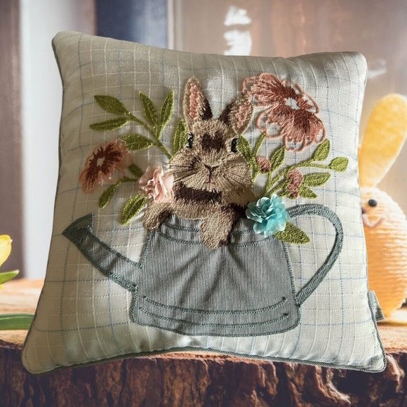 Loving Kindness Floral Bunny Rabbit Embroided Pillow Spring Easter Decor - Picture 1 of 10